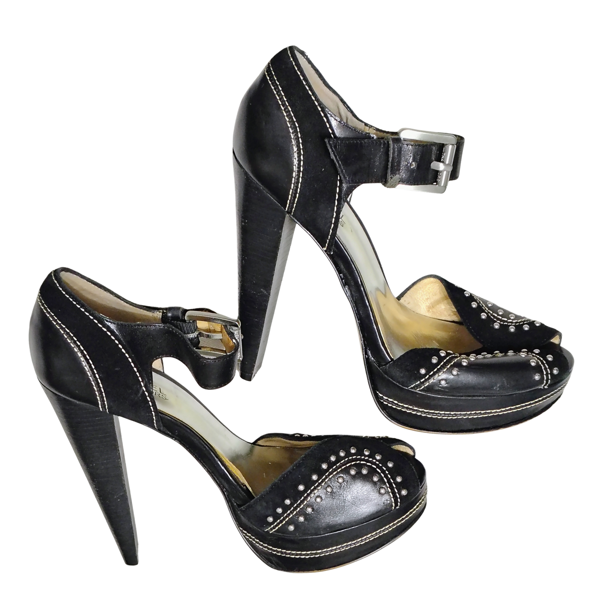 Black Platforms Leather Peep Toe Heels Metal Studs MICHAEL Michael Kors Size 6.5