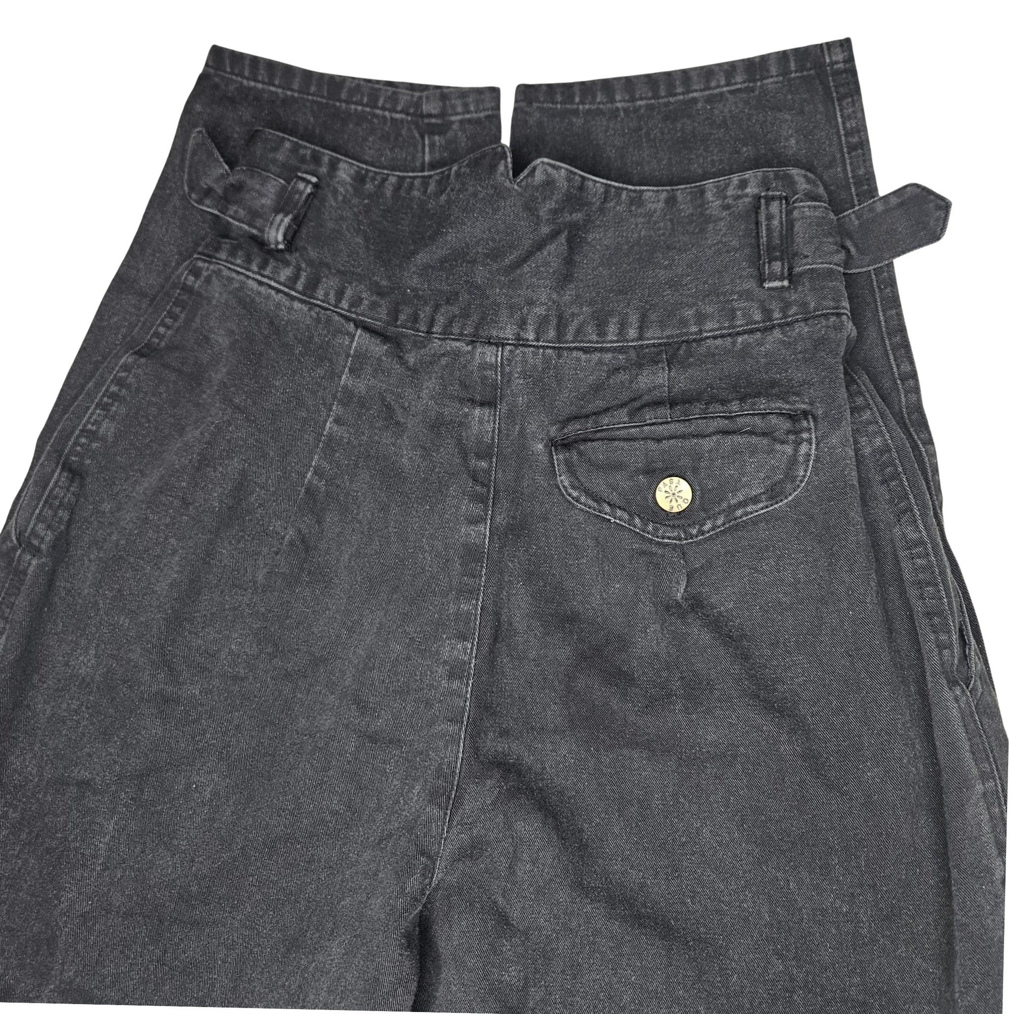 1980s Black Denim High Waisted Pleated Design Harem-Style Legs Double Belt Waist Detail Size 9 Womens