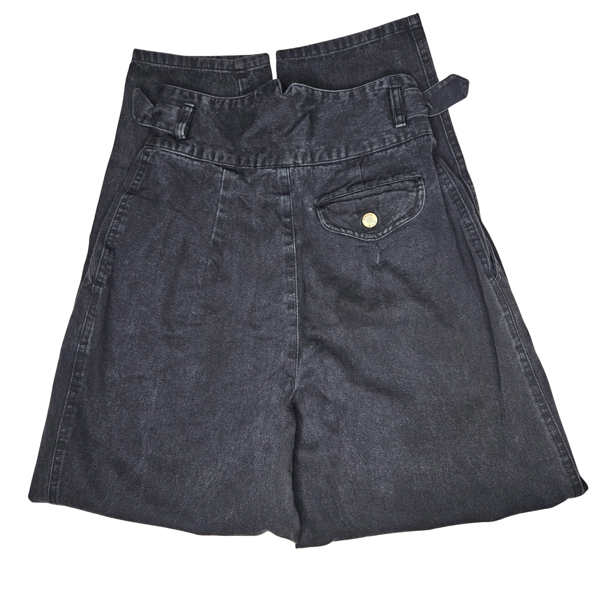 1980s Black Denim High Waisted Pleated Design Harem-Style Legs Double Belt Waist Detail Size 9 Womens