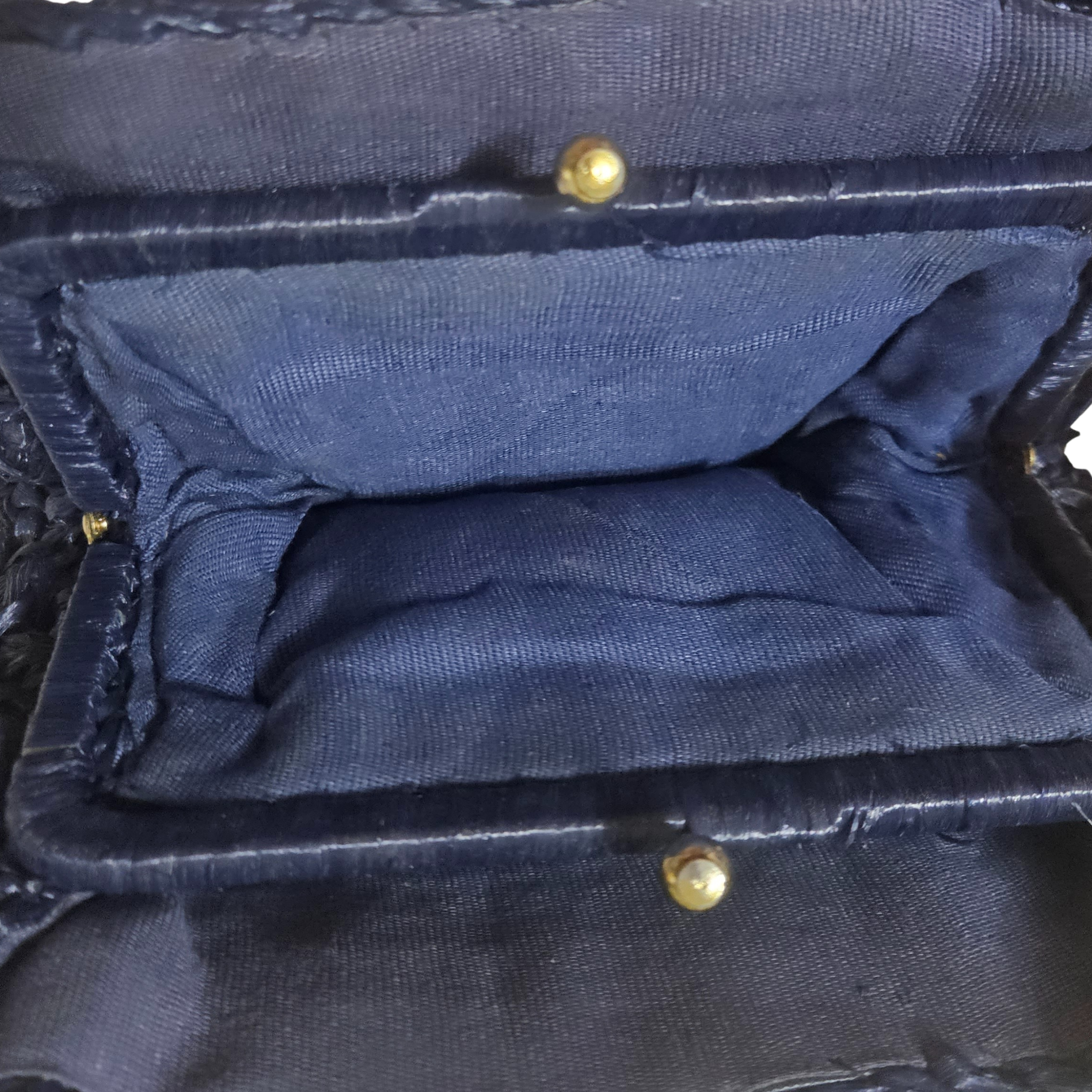 1950s Blue Raffia Woven Top Handle Metal Feet Hand Bag