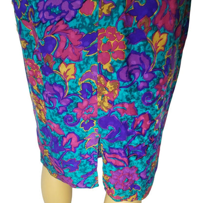 Blue Floral Print Pleated Bodycon Silk Dress Long Sleeve Shoulder Pads Size 8