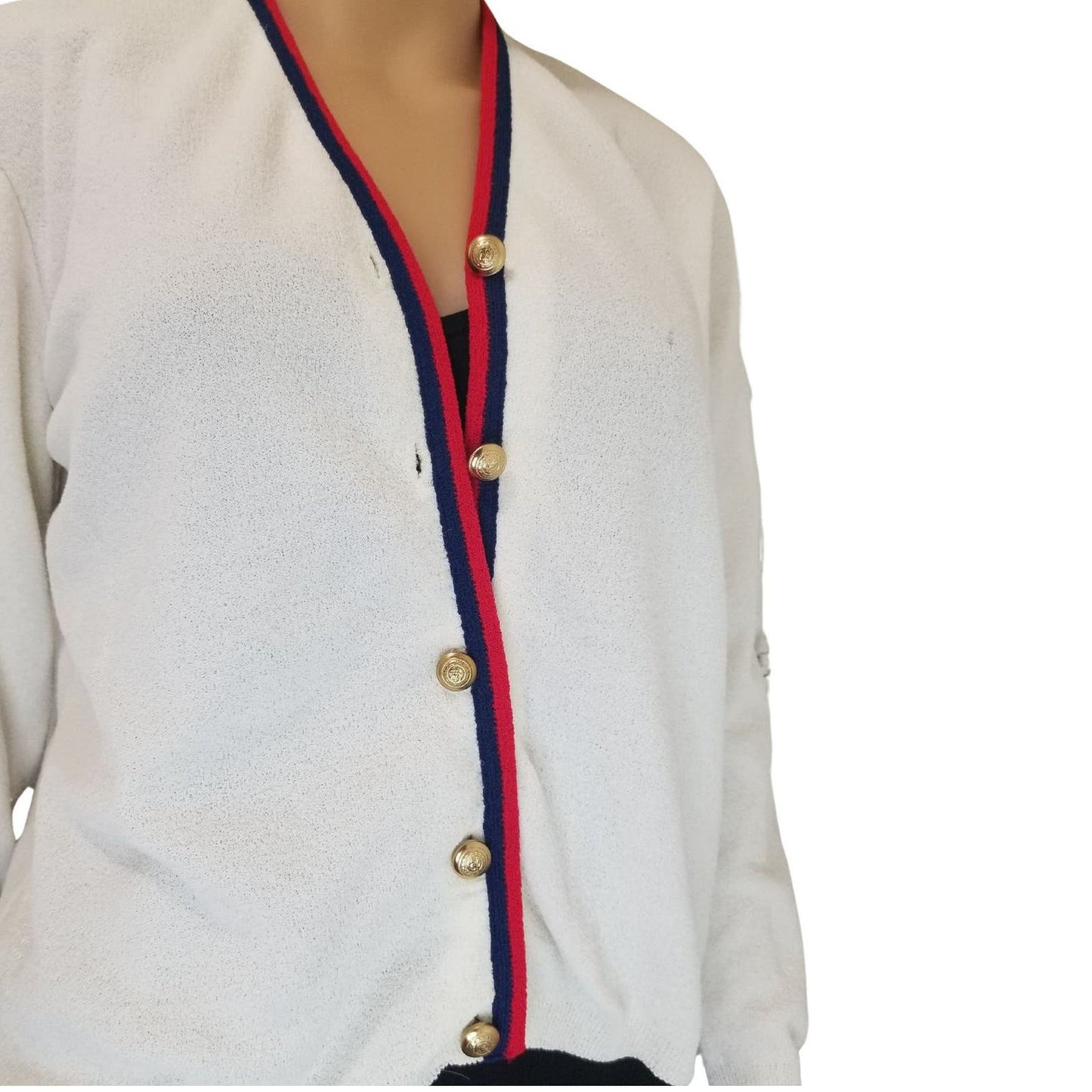 1950s Cardigan Gold Button White Red Blue Long Sleeves Ribbed Cuff Large [VINTAGE]