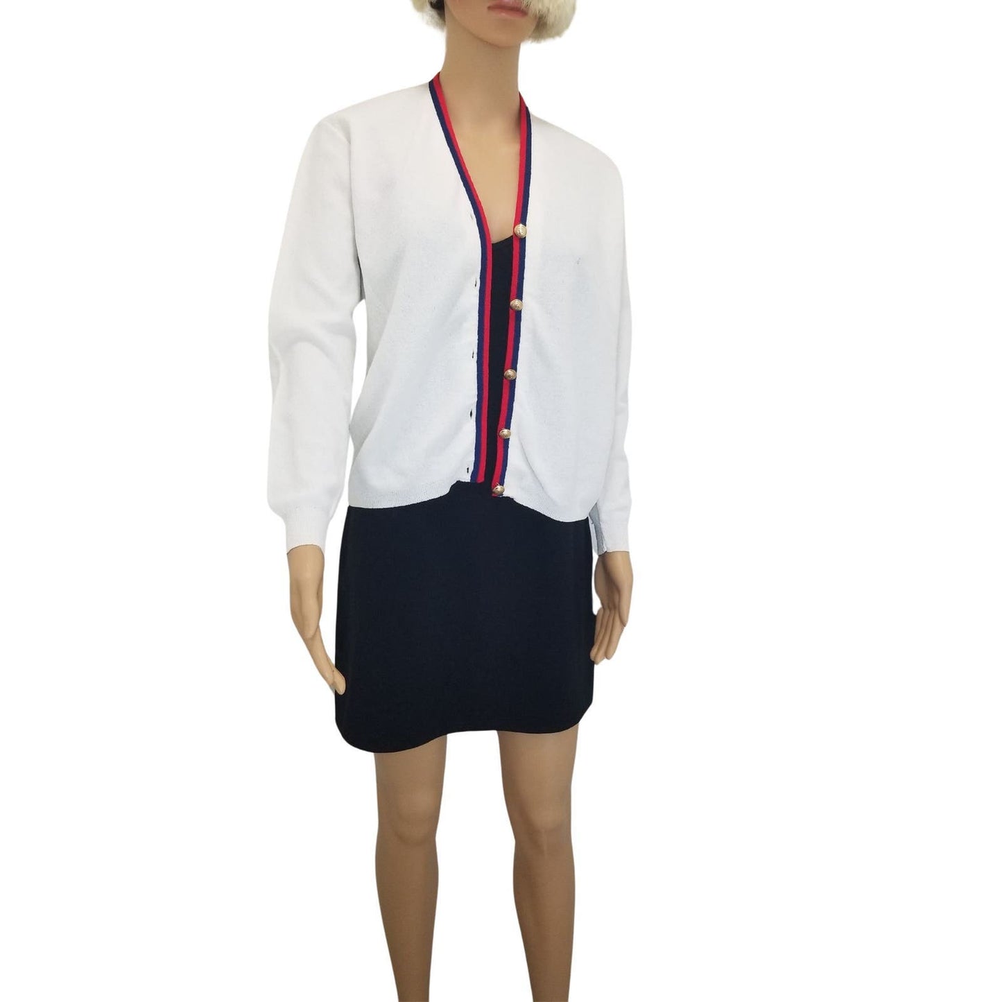 1950s Cardigan Gold Button White Red Blue Long Sleeves Ribbed Cuff Large [VINTAGE]