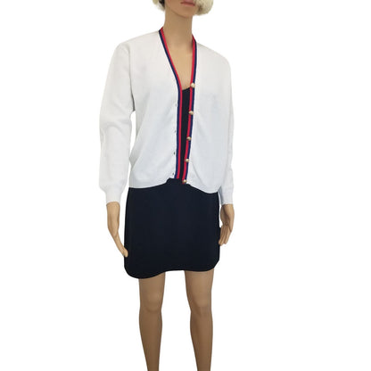 1950s Cardigan Gold Button White Red Blue Long Sleeves Ribbed Cuff Large [VINTAGE]