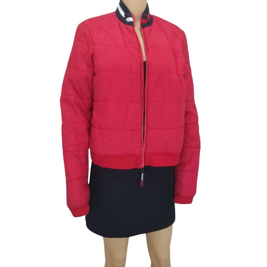 Red Tube Puffer Zip Up Winter Coat Short Collar Size Large [VINTAGE]