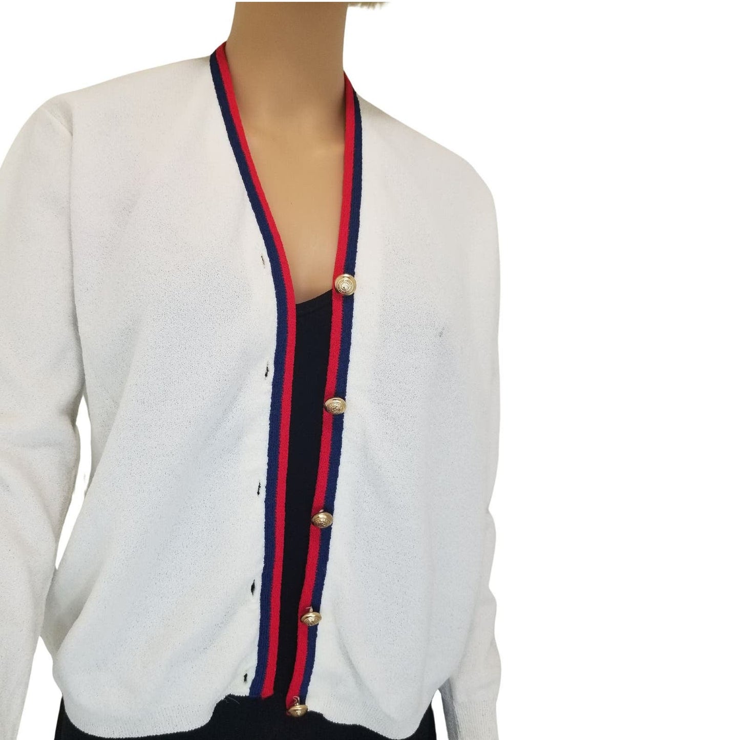 1950s Cardigan Gold Button White Red Blue Long Sleeves Ribbed Cuff Large [VINTAGE]