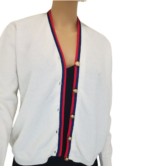 1950s Cardigan Gold Button White Red Blue Long Sleeves Ribbed Cuff Large [VINTAGE]