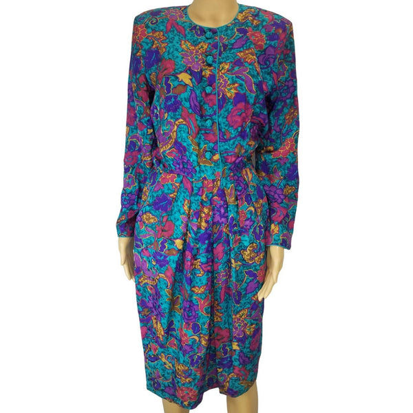 Blue Floral Print Pleated Bodycon Silk Dress Long Sleeve Shoulder Pads Size 8