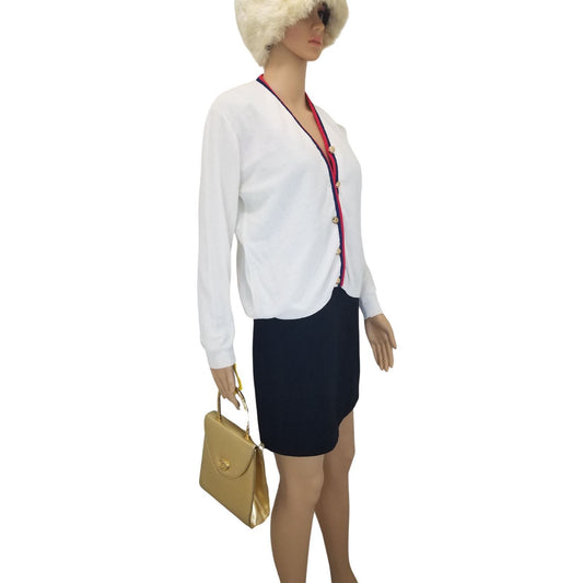 1950s Cardigan Gold Button White Red Blue Long Sleeves Ribbed Cuff Large [VINTAGE]