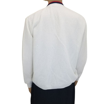1950s Cardigan Gold Button White Red Blue Long Sleeves Ribbed Cuff Large [VINTAGE]