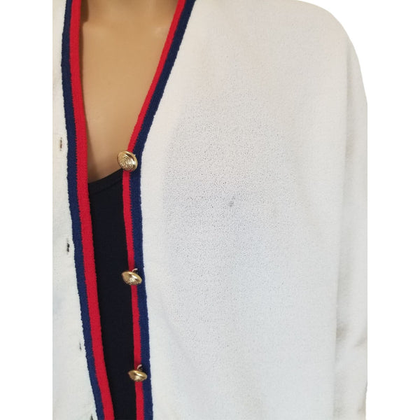 1950s Cardigan Gold Button White Red Blue Long Sleeves Ribbed Cuff Large [VINTAGE]