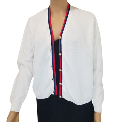 1950s Cardigan Gold Button White Red Blue Long Sleeves Ribbed Cuff Large [VINTAGE]